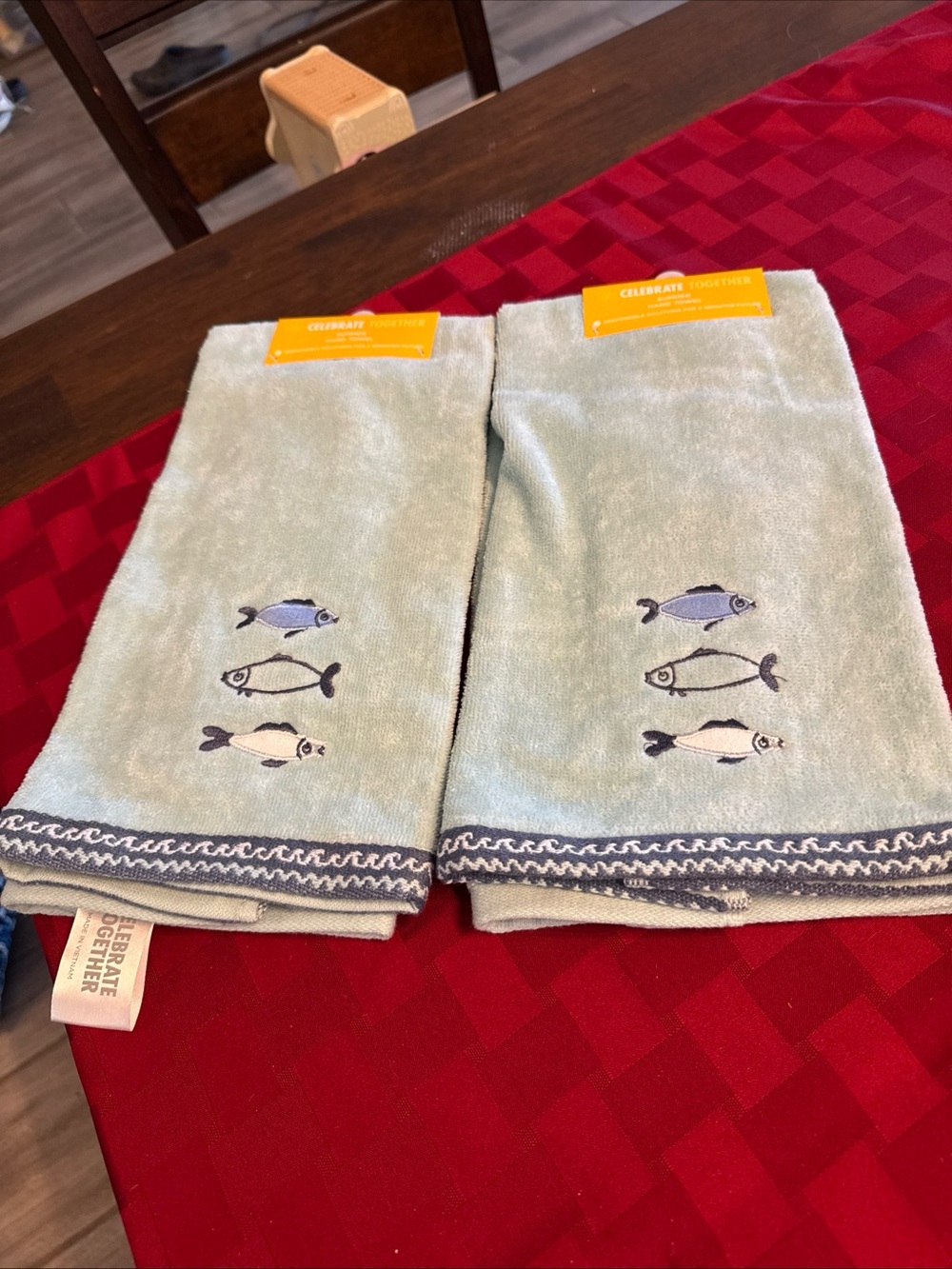 Set of 2 Light Seafoam Green Fish Embroidered Kitchen Towels
